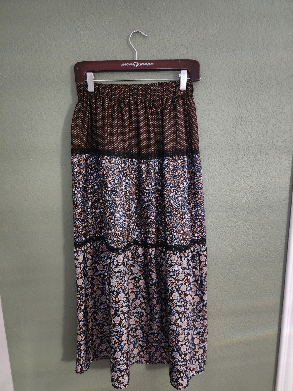 Halston Heritage Black Multi Floral Tiered Maxi Skirt